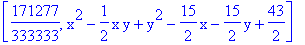 [171277/333333, x^2-1/2*x*y+y^2-15/2*x-15/2*y+43/2]